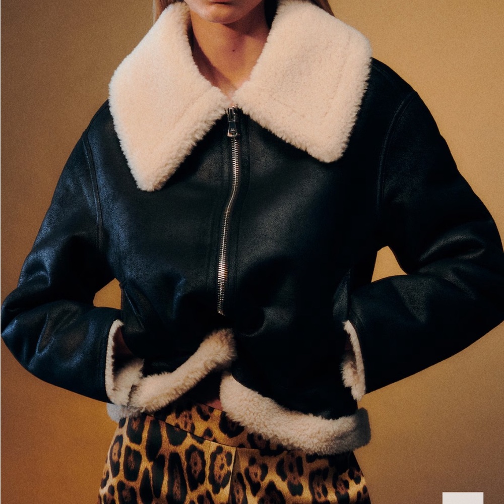 Mango Black and Cream Shearling Bomber Jacket